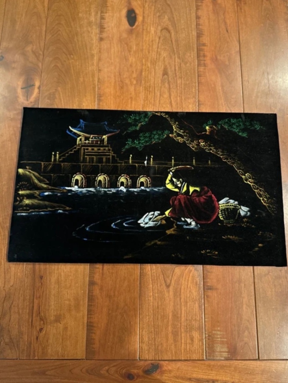 Vintage Black Velvet Asian Art